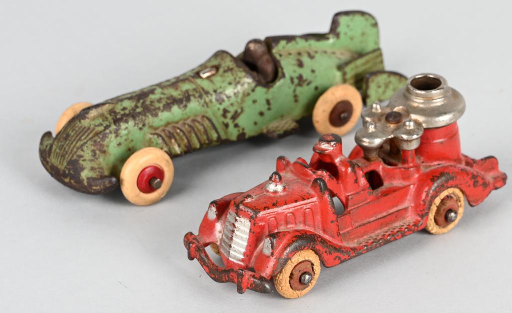 HUBLEY CAST IRON RACER & FIRE TRUCK: Original Hubley Racer and Boiler Fire Truck. Both with decent factory paint. Largest 6" Very Good-Excellent