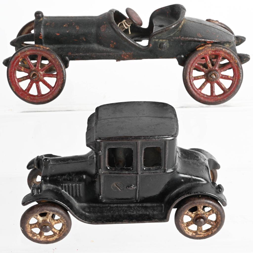 2- CAST IRON RACE CARS: Includes Arcade Model T Coupe and Boattail Racer. Largest 7 1/2" Very Good