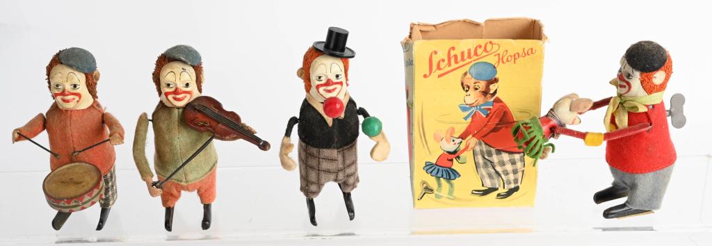 4- SCHUCO WINDUP CLOWNS: Includes Clown with Violin, Clown with Drum, Clown with Mouse with Box, and Clown Juggler. All original and work.