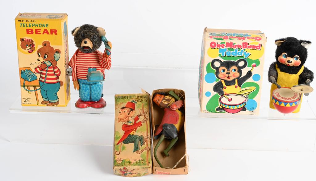 3- JAPAN ANIMAL TOYS w/ BOXES: Includes One Man Teddy Band, Telephone Bear, and Jocko Climbing Money. All work with Boxes.