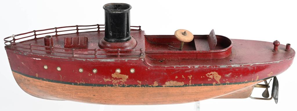 CLOCKWORK SHIP WITH COPPER HULL: Unusual clockwork Ship with Copper Hull. Looks to be original. Windup not working. 14" Very Good