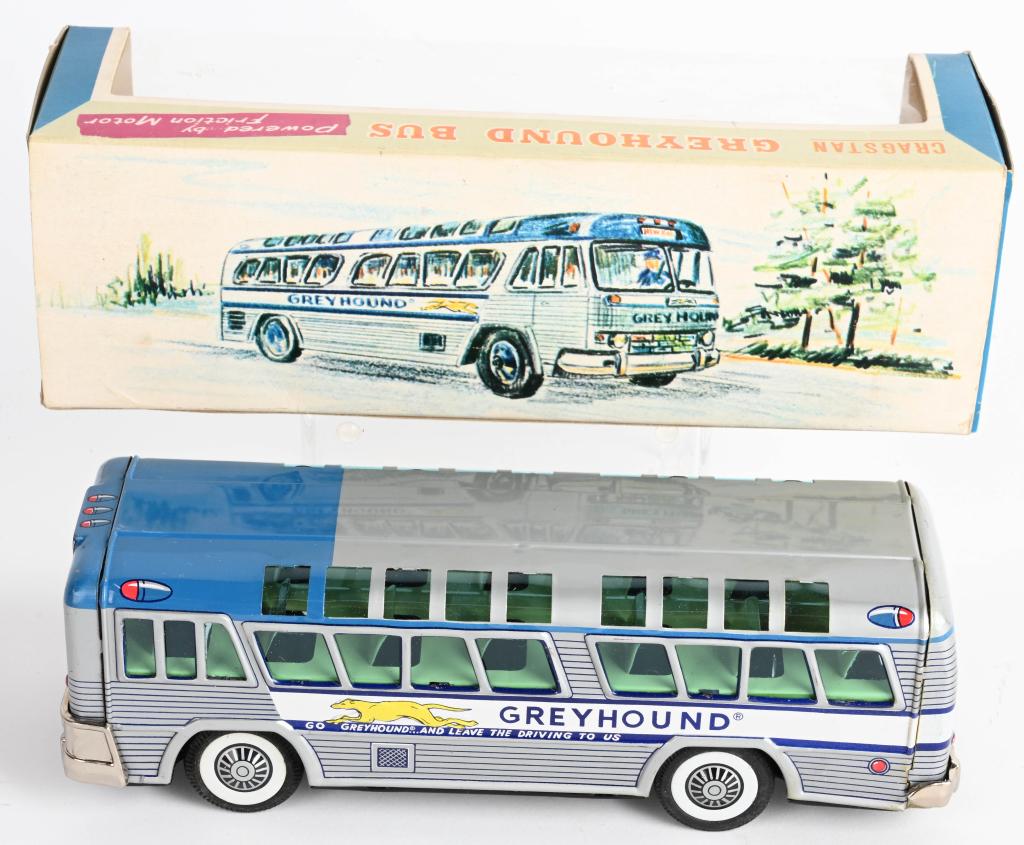 JAPAN TIN FRICTION GREYHOUND BUS MIB: New Old Stock Boxed 10" Excellent