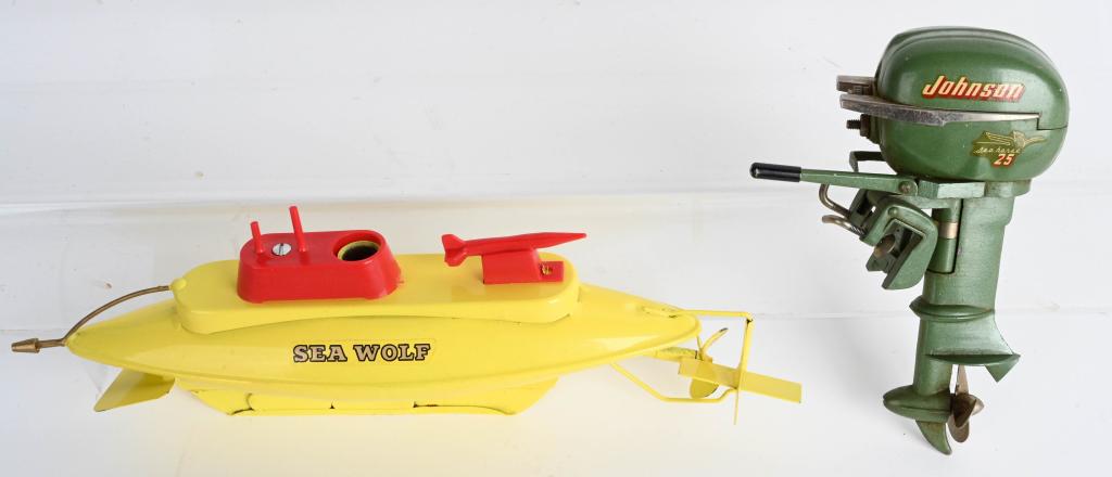 SUTCLIFF SUBMARINE & JOHNSON OUTBOARD MOTOR: Sutcliff Sea Wolf Submarine windup works. Plus Johnson Outboard motor for battery operated Boat. Largest 9" Excellent