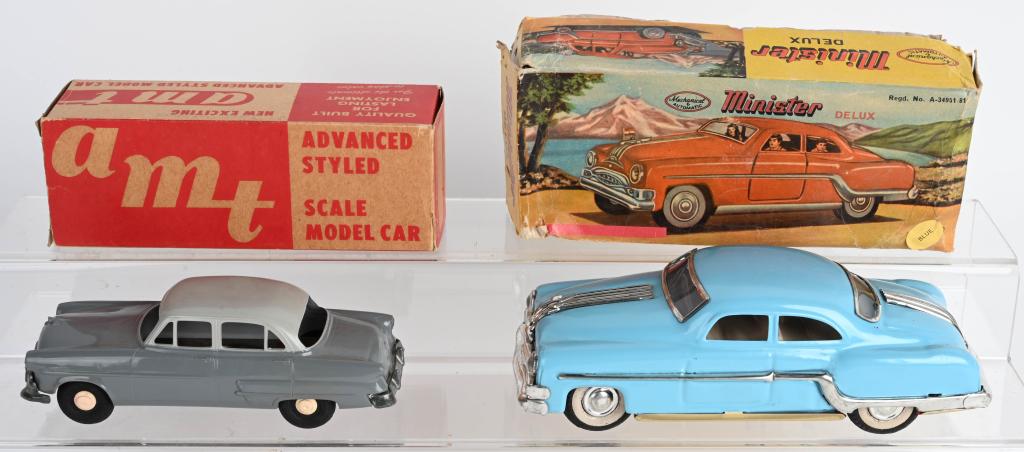 AMT 1950s FORD CAR & MINISTER DELUX CAR w/ BOXES: AMT 1950s Ford with friction drive and Boxed. Plus Minister Delux tin friction car Boxed. Largest 10" Excellent