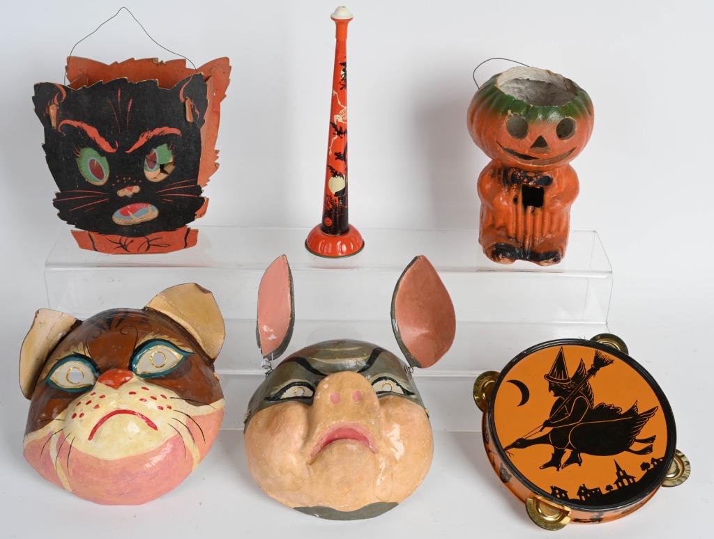 LOT OF VINTAGE HALLOWEEN ITEMS: Includes Jack-O-Lanterns, Masks, Noise Makers, and More. Very Good-Excellent