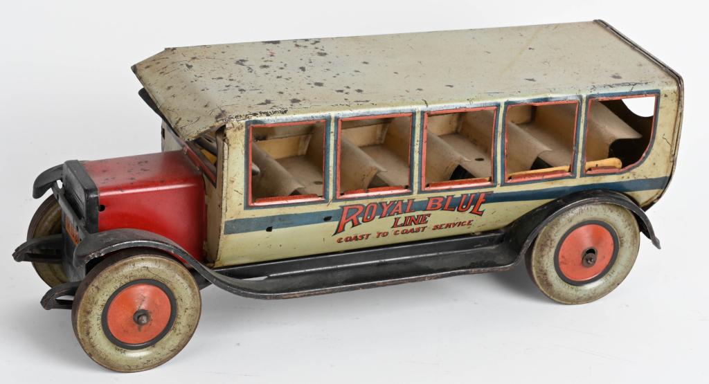 CHEIN TIN ROYAL BUS LINE BUS: Chein Royal Blue Line Bus. All original. Body is loose on 1 side. Has wear. 18" Very Good
