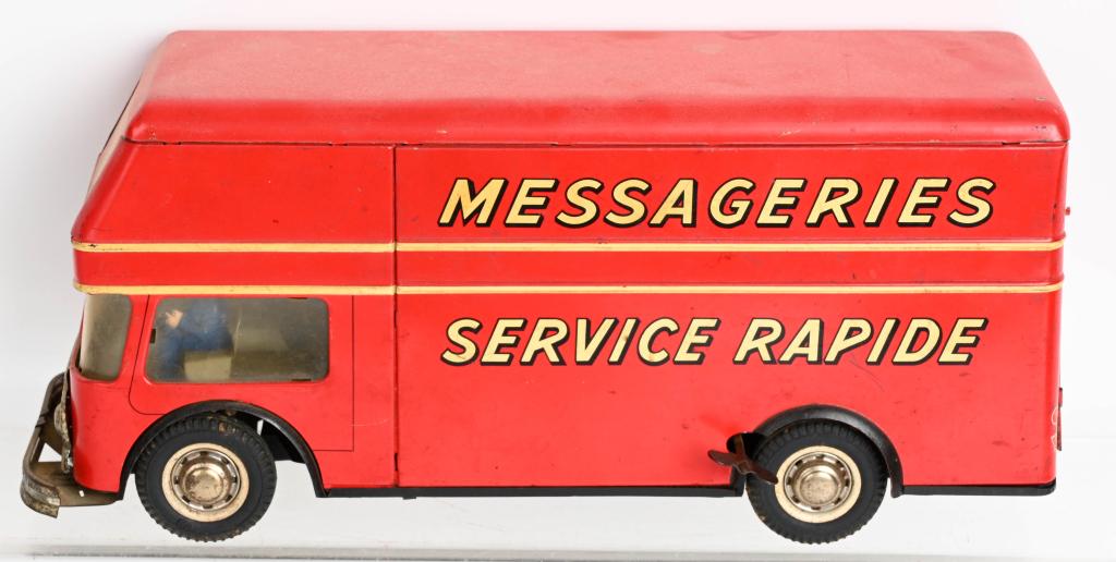 JOUSTRA TIN WINDUP MESSAGERIES VAN: Joustra tin windup Messageries Service Rapide Van. All original and works. 12" Excellent