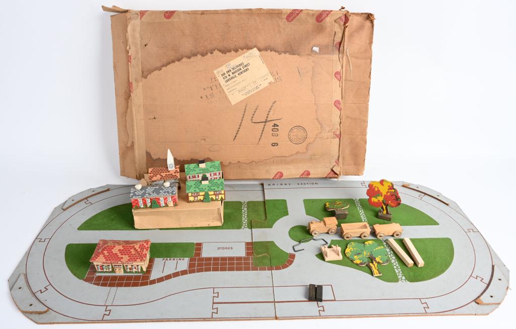 KEYSTONE RAILROAD PLAYSET w/ BOX: Keystone Railroad Play Set. All complete wooden set with Train, Station, and Platform. All Boxed 22" Excellent