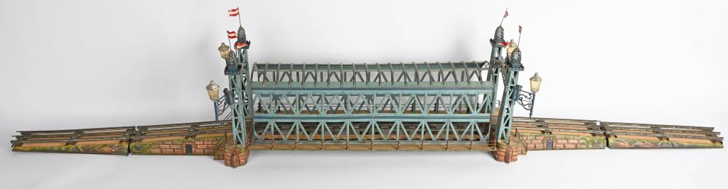 MARKLIN 2 GA GIRDER BRIDGE: Wonderful original Marklin2 gauge Girder Bridge. One of the most impressive and important Marklin Train Accessories ever made. Girder style construction with laid brick on the approach ramps. The Brid