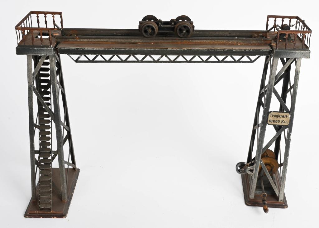 BING OVERHEAD GANTRY CRANE: Early Bing Overhead Gantry Crane. Very nice original condition. Complete with Trolley on top. 16" Excellent