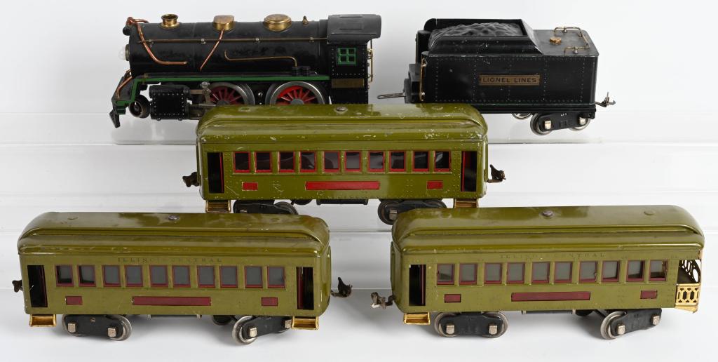 LIONEL 384 ENGINE & TENDER w/ 3 PASSENGER CARS: Lionel Standard Gauge 384 Locomotive with manual forward & reverse. One side of frame has old repair. Complete with 384T Tender. Comes with 2- 337 Passenger Cars one with red window inserts. Plus 338 