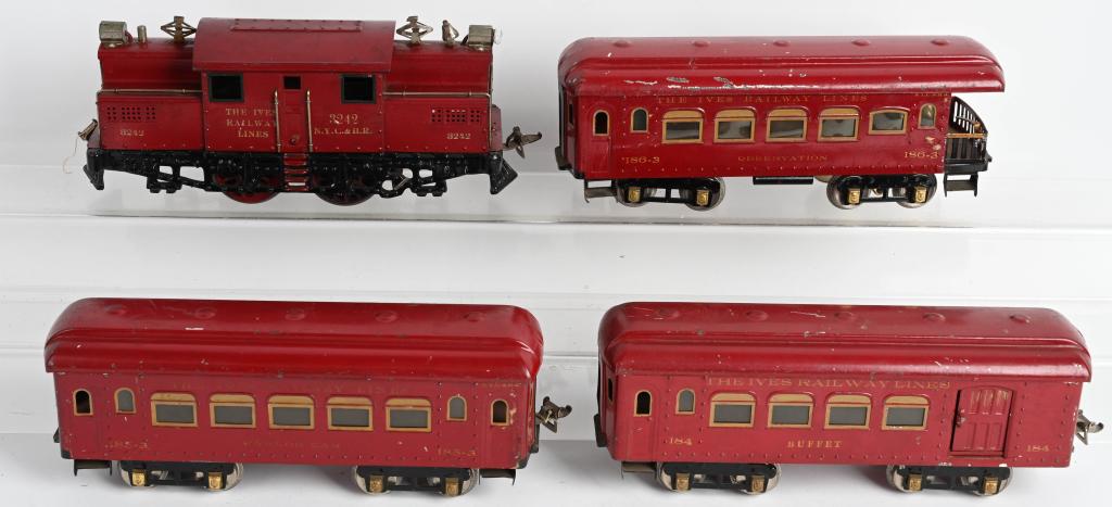 IVES 3242 ENGINE & 3 PASSENGER CARS: Original Ives Standard gauge 3242 Engine with cast frame that has no issues. Comes with 184 Buffet Car, 185-3 Parlor car, and 186-3 Observation Car. All in nice original condition.