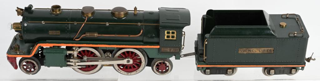 LIONEL 390E ENGINE & TENDER 2-TONE GREEN: Original Lionel standard gauge 390E Engine and Tender restored in 2-tine green. All complete and well done.