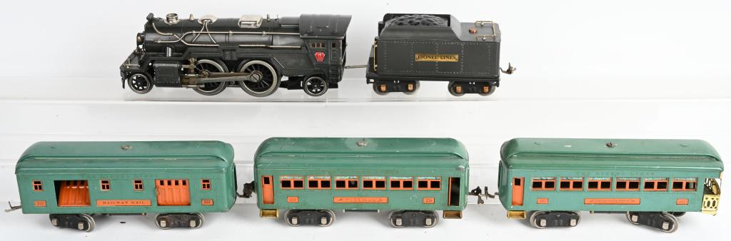 LIONEL STD GA 385E ENGINE & TENDER w/ 3 PASSENGERS: Original Lionel standard gauge 385E Engine all original with solid frame. Comes with correct tender. Includes 339 Pullman Car, 332 Baggage Car, and 341Observation Car all in original nice condition.