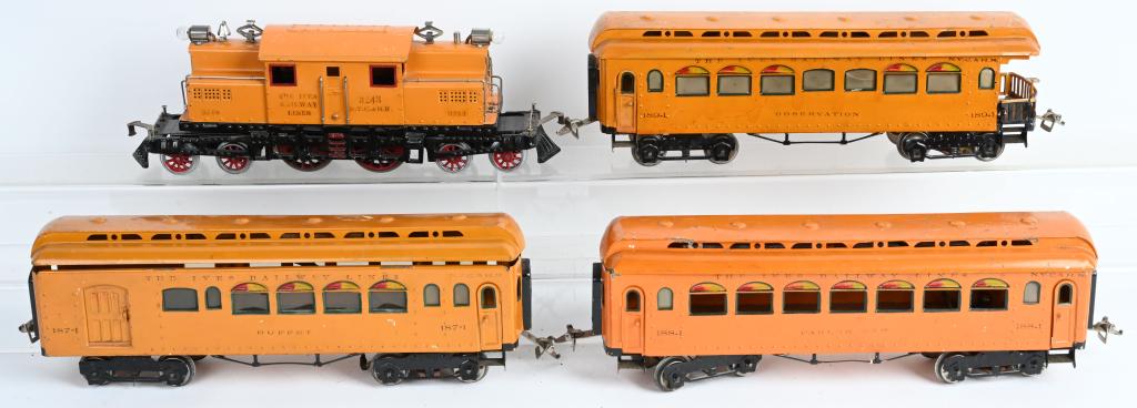 IVES 3243 WIDE GA ENGINE & 3 PASSENGER CARS: Original Pre-war Ives wide gauge 3243 Engine. Nice original good diecast pilot trucks and frame. Still has original wiring. Comes with 187-1 Buffet Car, 188-1 Parlor Car, and 189-1 Observation. All in
