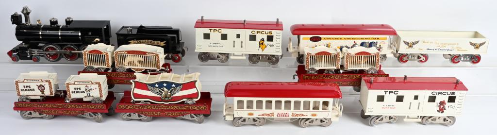 McCOY CHIEF CLE ELUM LOCO & TENDER w/ CIRCUS CARS: McCoy standard gauge Chief Cle Clum Engine and Tender. Steam chest wheels, and headlight casting showing fatigue. Comes with 9 various McCoy Circus Train Cars. very Good-Excellent