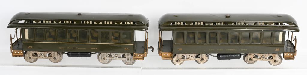 2- LIONEL #29 NYC LINES DAY COACHES: Pair of Pre-War Lionel 29 NYC Lines Day Coaches. Professionally restored by Robert McCoy and Son
