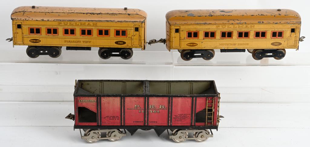 3- DORFAN STANDARD GAUGE TRAIN CARS: 3 Pre-War Dorfan standard gauge Train Cars. Includes 11701 Hopper, 789 Mountain Brook, and 790 Pleasant View. All nice originals