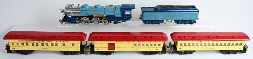STANDARD GAUGE CAST METAL TRAIN SET: Standard Gauge Locomotive and Tender with 3 standard gauge cast metal Colorado Midland Railway Passenger Cars. Includes 26 Washington, 27 California, and 28 Colorado. 21" Nice looking set