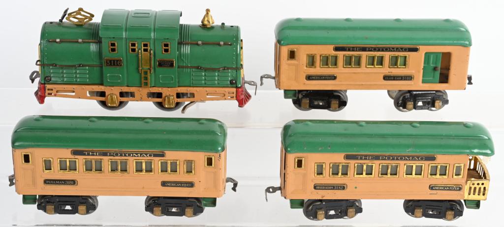 PRE-WAR AMERICAN FLYER O GA POTOMAC SET: Original American Flyer O Gauge Potomac Train Set. 3116 Engine missing both headlights, 3180 Club Car, 3181 Pullman Car, and 3182 Observation Car. Nice original set.