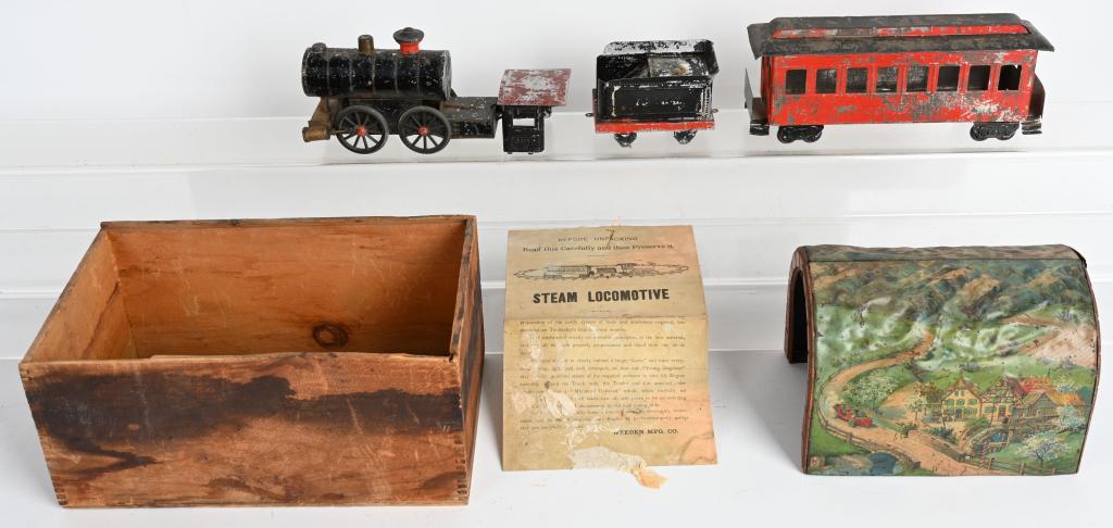 WEEDEN DART TRAIN SET w/ BOX: Original Weeden Dart live steam Locomotive, Tender, and Passenger Car. All original set. Locomotive is missing side panels. With original wooden Box and Instructions.