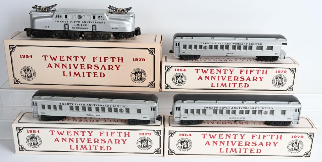 WILLIAMS TCA 25th ANNIVERSARY TRAIN SET w/ BOX: Includes boxed 1954 #1979 GG-1 Locomotive, 2502 Pullman, 2503 Pullman, 2501 Observation. Cars are Heavyweights. Has master carton and inserts.