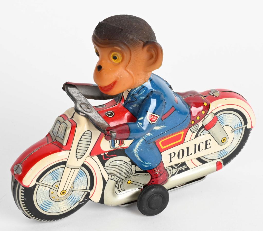 JAPAN TIN FRICTION POLICE MONKEY MOTORCYCLE: All original and works. 5" Excellent