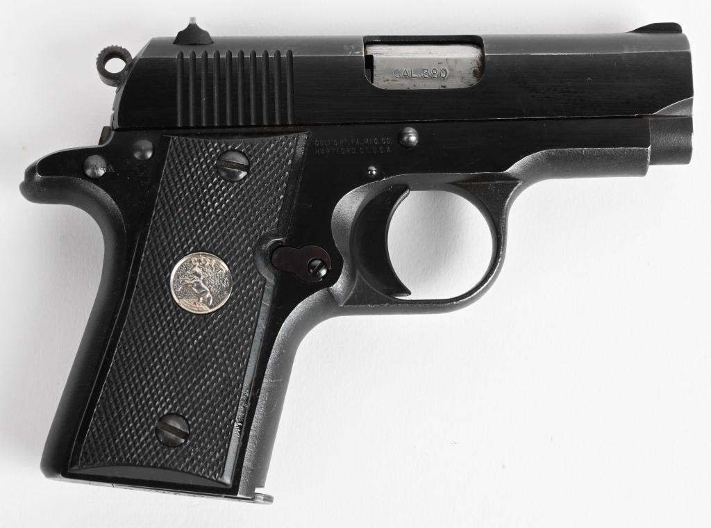 COLT MK IV SERIES 80 MUSTANG SEMI AUTO PISTOL: SERIAL MU07981. BARREL 2 3/4". CALIBER .380 ACP. 1997. Features blue finish, checkered black grips with silver medallion, bobbed hammer, one magazine, wind drift rear sight. Compact model based on the