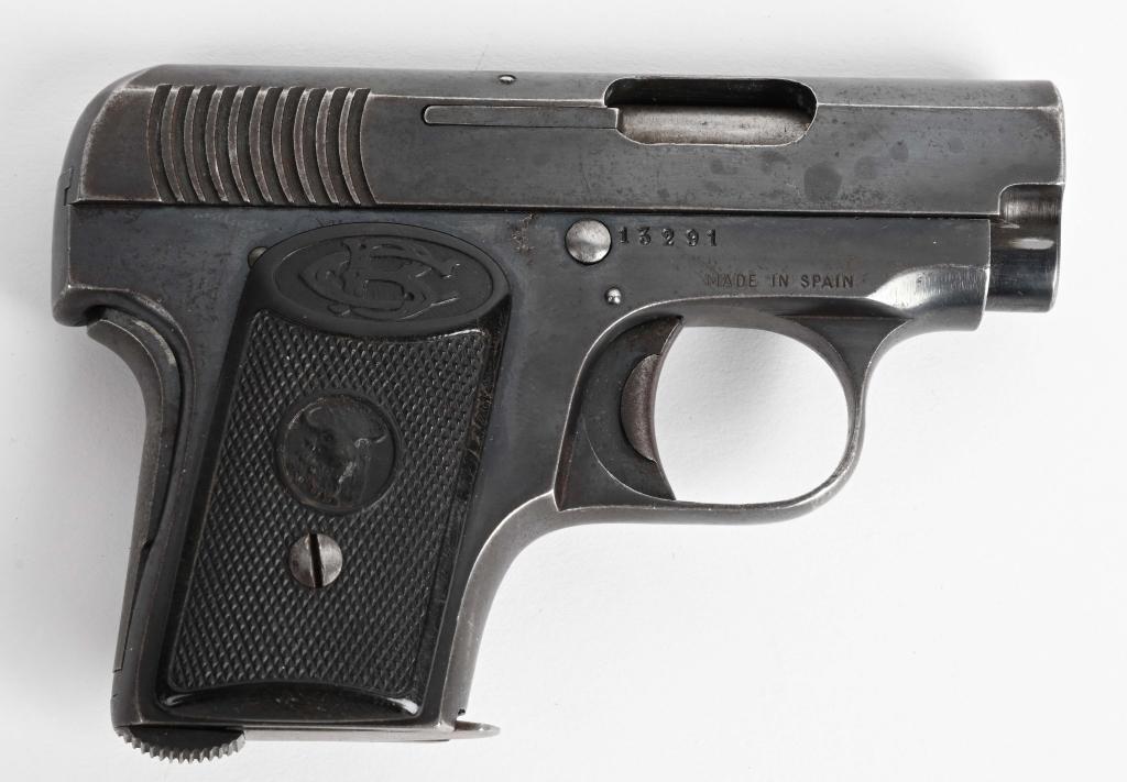 SPANISH BUFFALO VEST POCKET PISTOL: SERIAL NUMBER 13291 BARREL 2-1/4" CALIBER 6.35 / .25 ACP MANUFACTURED 1916 UNIL MID 1920'S Manufactured in Spain as a copy of the Browning Patent Model 1908 as produced by Colt with grip safety. Blue 