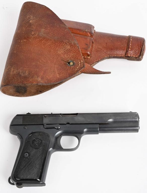 HUSQVARNA MODEL 1907 SEMI AUTO PISTOL W/ HOLSTER: SERIAL 86589. BARREL 5". CALIBER .380 ACP. The Swedish Husqvarna began life as the Fabrique Nationale FN Model 1903. Husqvarna began manufacturing them in 1917. The Husqvarna Model 1907 was Sweden's s