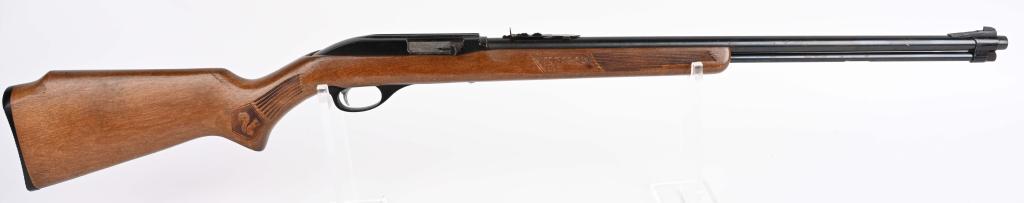 GLENFIELD MODEL 60 SEMI AUTO .22 RIFLE: SERIAL 72325358. BARREL 22". CALIBER .22 LONG RIFLE. Features press checkered hardwood stock with squirrel, blue finish, tube fed, sporting sights, enamel finish frame, plastic butt plate. Some touch 