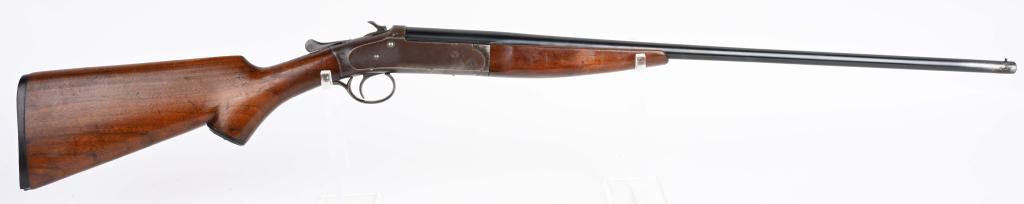 PRE WAR IVER JOHNSON CHAMPION SINGLE SHOT .410: SERIAL 48072B. BARREL26". BORE .410. CHAMBER 2.5". CHOKE -FULL. LOP 14". Classic, well built pre war .410 single shot shotgun with top break lever, case color frame, plain blue barrel, plain pistol gr