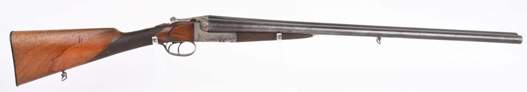 FINE EUROPEAN SXS 12 BORE SHOTGUN: SERIAL 2602. BARRELS 27 1/4". BORE 12. CHAMBER 2 3/4". CHOKE FULL FULL. LOP-14". No known maker but European proofs. All matching numbers. Features matted rib, double triggers, manual ejector, sling s