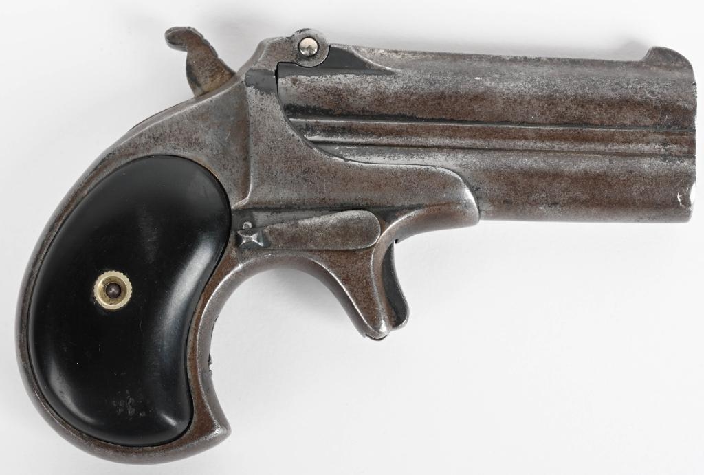 REMINGTON MODEL 95 OVER UNDER DERRINGER: SERIAL 155. BARRELS 3". CALIBER .41 RIMFIRE. This is a Type II made from 1888-1911. Metal is soft gray brown patina. Barrel stamp is readable. Wood grips. Strong rifling. C&R