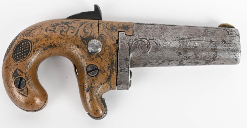COLT TYPE 1ST MODEL DERRINGER: NSN. BARREL 2.5". CALIBER 41 RIMFIRE. No visible address so could be a National Arms. Features engraved brass frame. No finish. Hammer does not cock. A