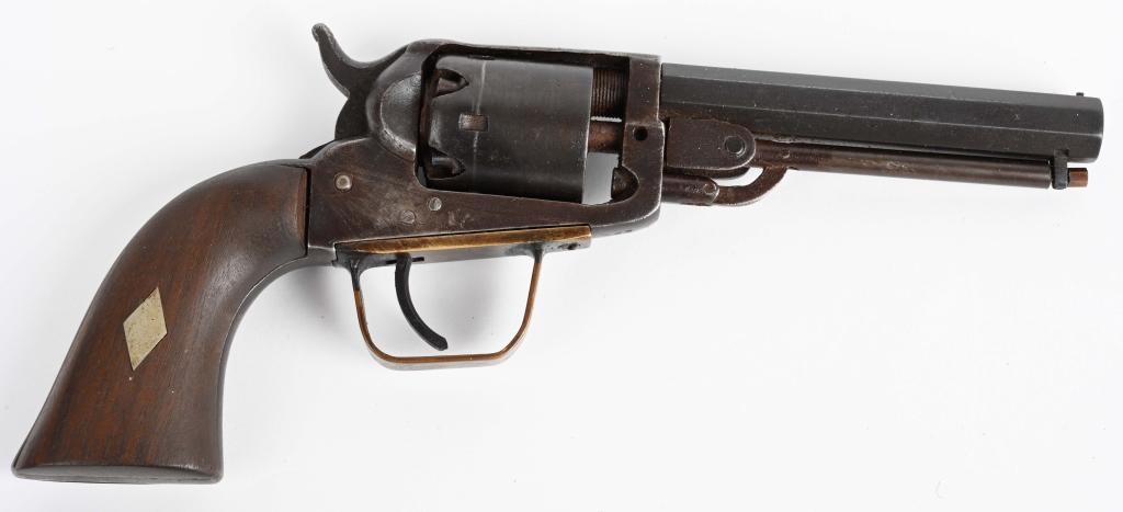 GUNSMITH ALTERED CONFEDERATE CIVIL WAR REVOLVER: Unusual gun with 4.5" octagon barrel, hand made loading rod, handmade large square brass trigger guard, over size walnut grips, five shot single action .31 bore percussion with no maker marks. Probabl