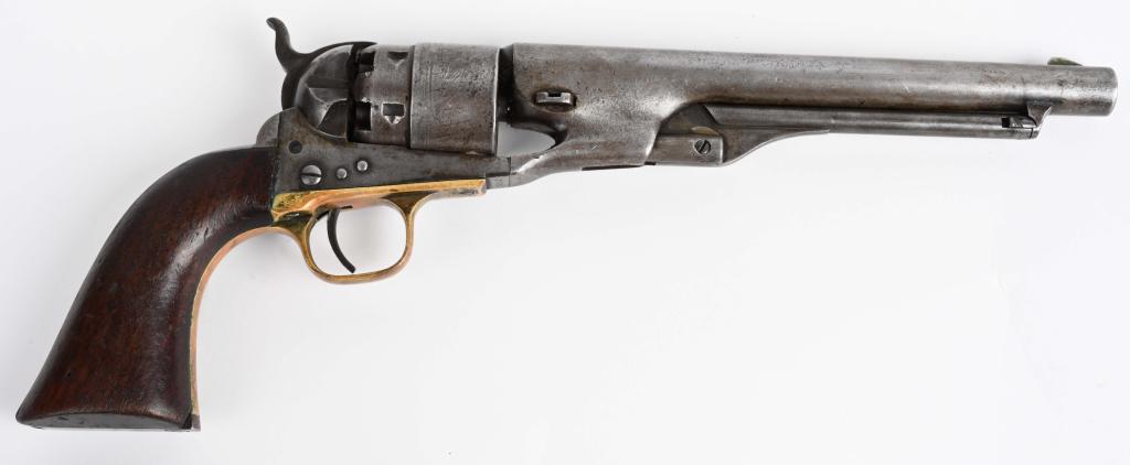 CRISP COLT MODEL 1860 ARMY REVOLVER: SERIAL 7222. BARREL 8". CALIBER .44 PERCUSSION. MADE IN 1861. This revolver was made during the first year of the Civil War. It is a standard model that is cut for a shoulder stock and features full r