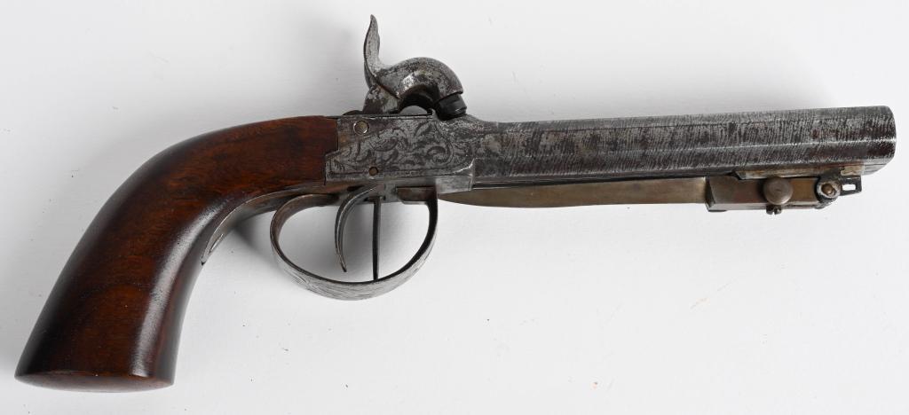 BELGIUM 1840'S DBL. BARREL PISTOL W / BAYONET: NSN. BARRELS 4.5" . BORE .45 PERCUSSION. Features Damascus twist octagon barrels, Liege proofed, double hammer, double trigger, percussion with walnut one piece grips. Metal is soft patina. Frame is e