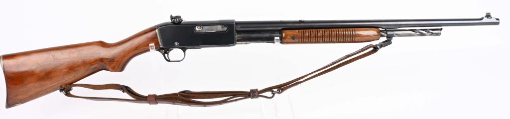 REMINGTON MODEL 14 .35 REM CAL PUMP RIFLE: SERIAL NUMBER 108627 BARREL 22" CALIBER .35 REMINGTON MANUFACTURED JANUARY 1928. Produced by Remington with two piece varnished walnut stocks with Remington metal crescent butt plate. Blue finish and 