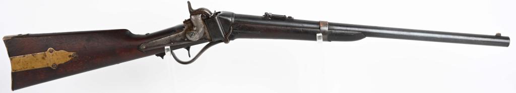 SHARPS MODEL 1852 SLANTING BREECH CARBINE: SERIAL NUMBER 6918 BARREL 21-1/2" CALIBER .44 SHARPS PAPER COMBUSTIBLE CARTRIDGE. MAUFACTURED 1853-1855. Commercially produced variation of the famed John Brown or Beecher's Bible Sharps carbine. Two 