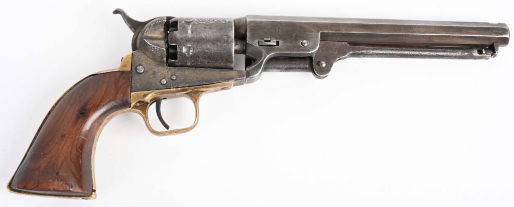 COLT MODEL 1851 NAVY .36 REVOLVER 1863 MFG,: SERIAL NUMBER 137512 BARREL 7-1/2 CALIBER .36 PERCUSSION MANUFACTURED 1863, Colt Model 1851 Navy 6 shot revolver with octagon barrel was a favored arm of the Civil War. Blue finished with case colored