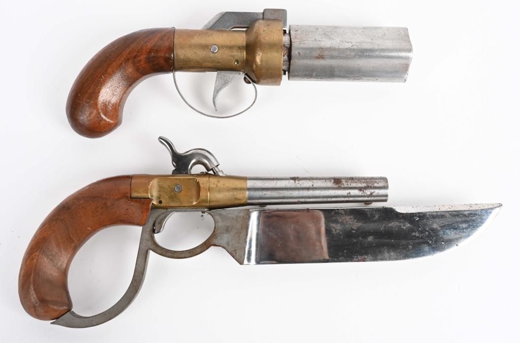 PAIR OF REPRODUCTION BLACKPOWDER PISTOLS: SERIAL NUMBER -NA- BAREL 3-1/2 (BOTH) CALIBER (A0 .45 RIFLED (b) .36 SMOOTH BORE. MANUFACTURED CMC. (A) Reproduction Elgin Cutlass pistol with .45 cal bore , percussion with 6-1/2 : blade fitted with 
