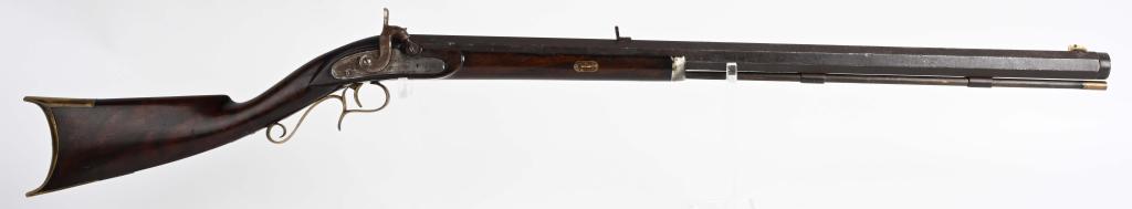 J.W. SMITH PERCUSSION KENTUCKY LONG RIFLE: Fine looking 19th century half stock Kentucky type rifle made by J.W. Smith as marked on barrel flat. The 28" heavy octagon rifled barrel is .50 caliber, and has a false muzzle. There is an exaggerate