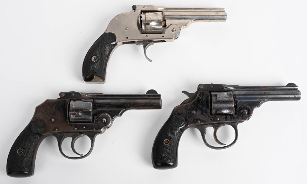 LOT OF (3) TOP BREAK REVOLVERS: A. H&R. SERIAL NSN. BARREL 3". CALIBER .32. Features nickel finish, gutta percha grips, five shot, double action. Retains 90% original nickel, no trigger guard, grips have chip, indexes but sticky ret