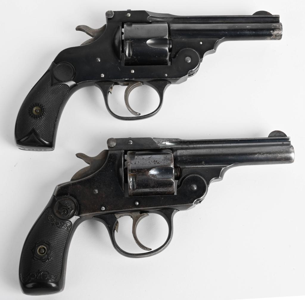 LOT (2) TOP BREAK REVOLVERS: A. S&W COPY STAMPED SECRET SERVICE MODEL. SERIAL 254398. BARREL 3 1/4". CALIBER .38. Blue finish, five shot, double action with gutta percha grips. Indexes but needs return spring. Grips are excellent