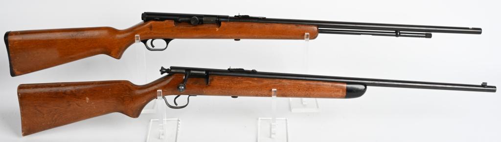 LOT (2) QUALITY USED .22 RIFLES: A. STEVENS MODEL 15-A. SINGLE SHOT. NSN. BARREL 24". CALIBER .22 RIMFIRE. Solid 80% original blue. Plain pistol grip stock is excellent. and has no butt plate with no holes for mounting one. Sporting 