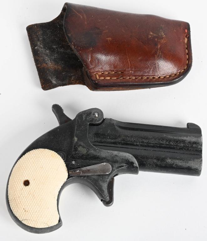 GERMAN OVER UNDER .22 DERRINGER: SERIAL 5337. BARREL 3". CALIBER .22 LONG RIFLE. Copy of old Remington Model 95. Black enamel finish with checkered faux ivory grips. Could use a re-paint. Comes with holster*