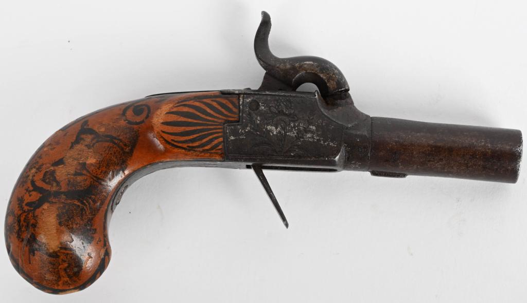 19TH CENTURY SINGLE SHOT BOOT PISTOL: No maker. Single shot, folding trigger, London style, 2" barrel, 50 smoothbore, lightly engraved frame, lovely burl walnut grips. A
