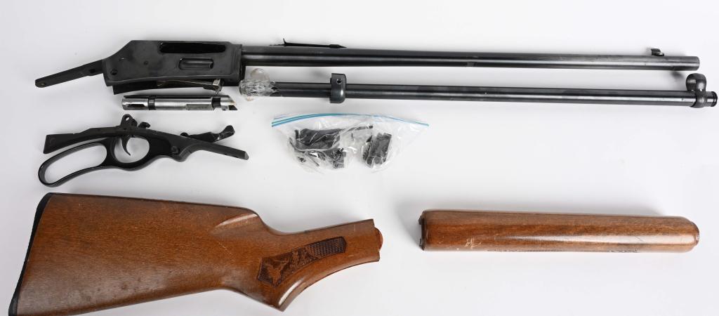 GLENFIELD MODEL 30A LEVER ACTION CARBINE: SERIAL 72060868. BARREL 20". CALIBER 30-30. Looks to be all there, one bag of small parts, stocks, barreled action, etc. Frame has 95% original blue. Barrel has light area of spotting on right side. S