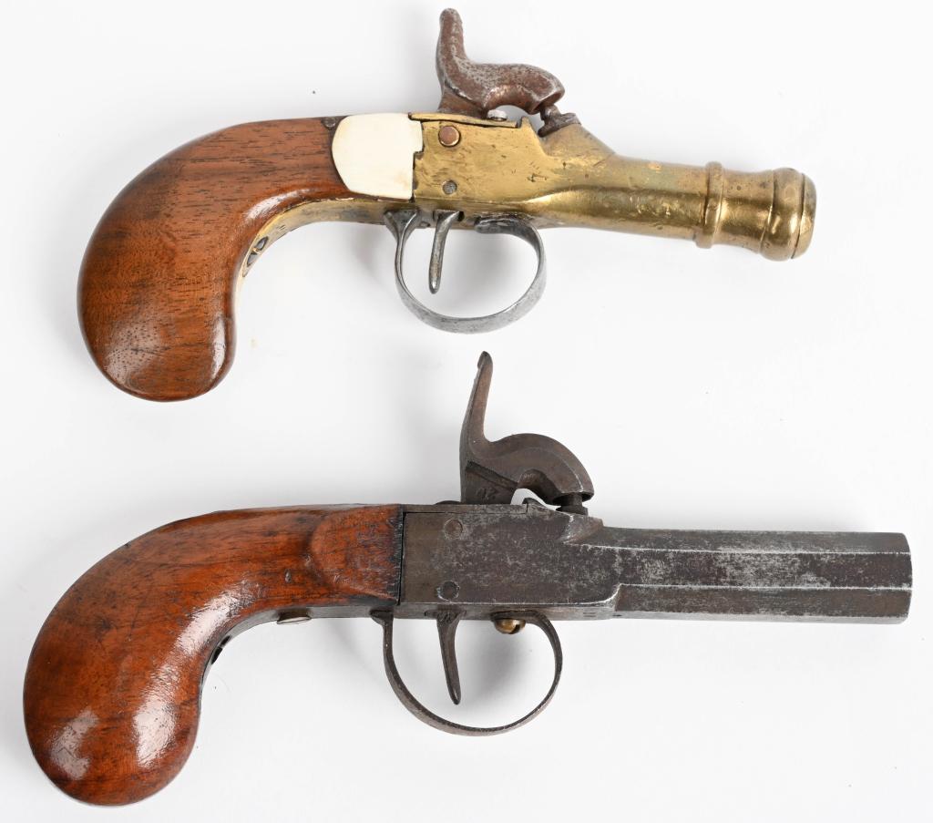 LOT OF (2) ANTIQUE EUROPEAN BOOT PISTOLS: One has brass barrel with cannon muzzle, bag handle, bone insets, percussion. No maker. .38 bore. Excellent. The other is a plain unmarked steel frame, octagon barrel percussion with bag handles. No f
